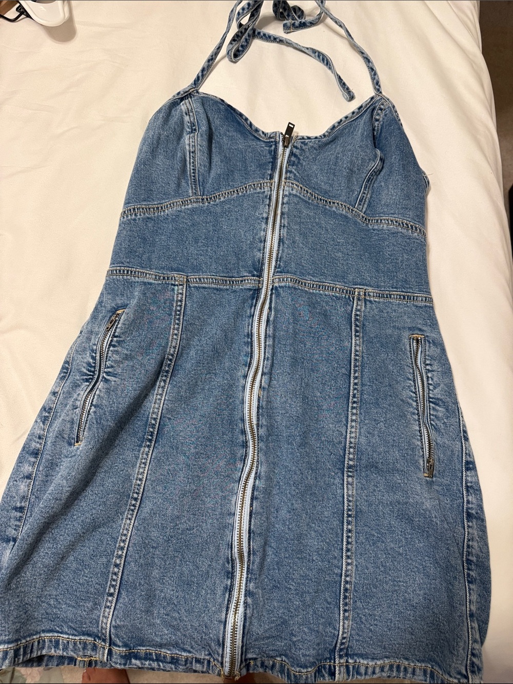American Eagle Outfitters Light Blue Denim Halter Zip-Front Mini Dress